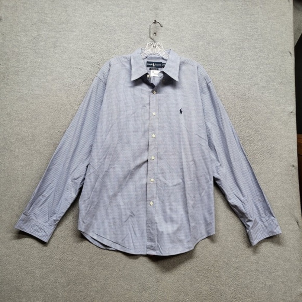Ralph Lauren Men‎ Button Up Shirt XL Blue White Polo Player Embroidery Plaid